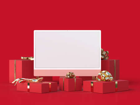 Monitor 24 mockup with Gift box Template For presentation branding, corporate identity, advertising, branding business. 3D renderingの写真素材