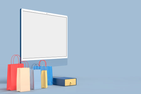 Monitor 24 mockup with Shopping bag Template For presentation branding, corporate identity, advertising, branding business. 3D renderingの写真素材