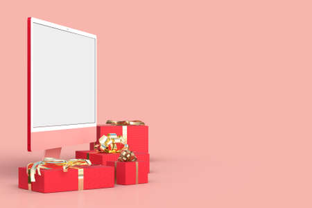 Monitor 24 mockup with Gift box Template For presentation branding, corporate identity, advertising, branding business. 3D renderingの写真素材