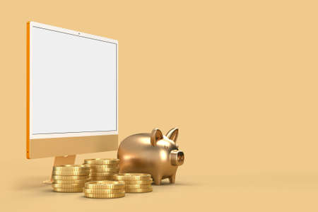 Monitor 24 mockup with Coin, Piggy bank Template For presentation branding, corporate identity, advertising, branding business. 3D renderingの写真素材
