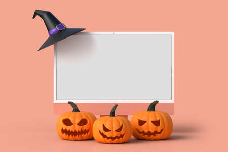 Halloween mock-up monitor 24 inch with pumpkins. Halloween concept mockup. 3D renderingの写真素材