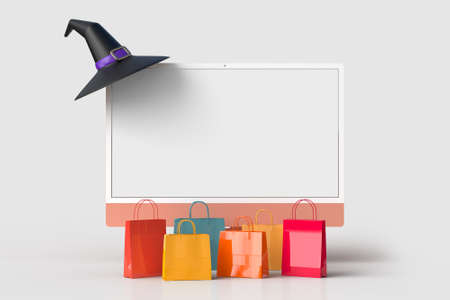 Halloween mock-up monitor 24 inch with shopping bag. Designs concept marketing online. 3D renderingの写真素材