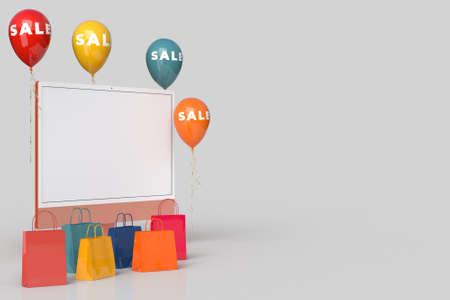 Halloween mock-up monitor 24 inch with shopping bag and balloon sale. Designs concept marketing online. 3D renderingの写真素材