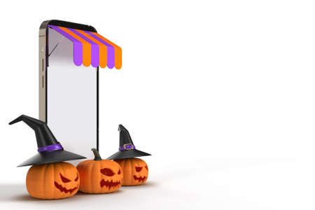 Online shopping with smartphone mockups template and Halloween concept elements. Designs concept marketing online. 3D renderingの写真素材