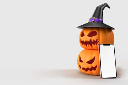 Halloween mock-up  pumpkins, witch hat  with smartphone. Halloween concept mockup. 3D renderingの写真素材