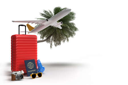Suitcase with airplane and traveler accessories, essential vacation items. Adventure and travel holiday trip. Traveling concept design banner mockup template. 3D renderingの写真素材