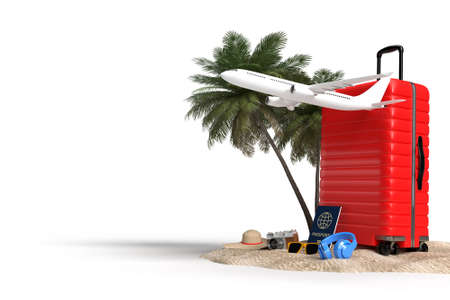 Suitcase with airplane and traveler accessories, essential vacation items. Adventure and travel holiday trip. Traveling concept design banner mockup template. 3D renderingの写真素材