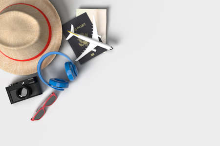 Airplane and traveler accessories, essential vacation items. Adventure and travel holiday trip. Traveling concept design banner mockup template. 3D renderingの写真素材