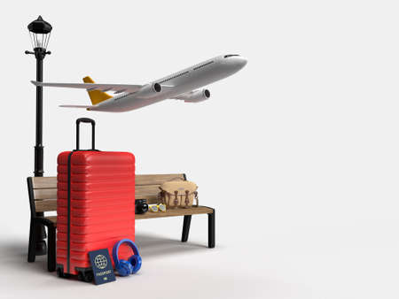 Suitcase with airplane and traveler accessories, essential vacation items. Adventure and travel holiday trip. Traveling concept design banner mockup template. 3D renderingの写真素材