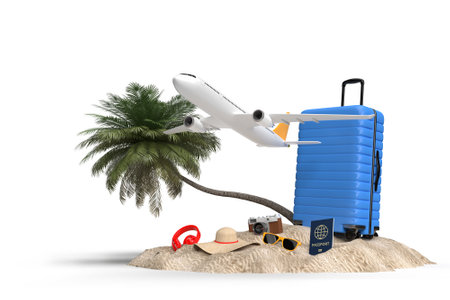 Suitcase with airplane and traveler accessories, essential vacation items. Adventure and travel holiday trip. Traveling concept design banner mockup template. 3D renderingの写真素材