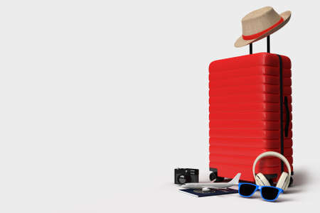 Suitcase with airplane and traveler accessories, essential vacation items. Adventure and travel holiday trip. Traveling concept design banner mockup template. 3D renderingの写真素材