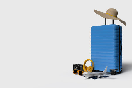 Suitcase with airplane and traveler accessories, essential vacation items. Adventure and travel holiday trip. Traveling concept design banner mockup template. 3D renderingの写真素材