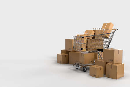 Packaging cardboard boxes paper with shopping carts. Delivery, cargo, logistic and transportation warehouse storage concept. 3D Renderingの写真素材