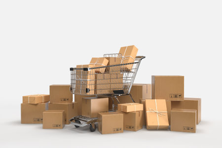 Packaging cardboard boxes paper with shopping carts. Delivery, cargo, logistic and transportation warehouse storage concept. 3D Renderingの写真素材