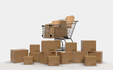 Packaging cardboard boxes paper with shopping carts. Delivery, cargo, logistic and transportation warehouse storage concept. 3D Renderingの写真素材