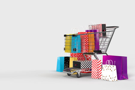 Concept of online shopping with shopping elements. Designs concept marketing online. suitable for promotion of digital stores. 3D renderingの写真素材