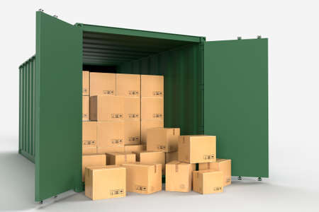 Container cargo shipping logistic service containers with brown cardboard boxes package delivery in the online e-commerce business. 3d renderingの写真素材