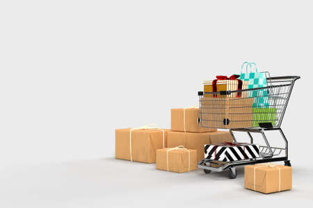 Packaging cardboard boxes paper with shopping carts. Delivery, cargo, logistic and transportation warehouse storage concept. 3D Renderingの写真素材