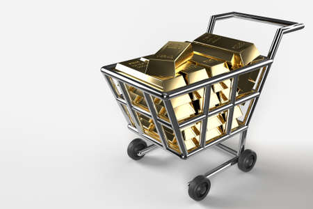 Gold Bars, gold shopping cart, the weight of shiny golden bars. Concept of billionaire wealth. Concept of success in business and finance. 3d renderingの写真素材