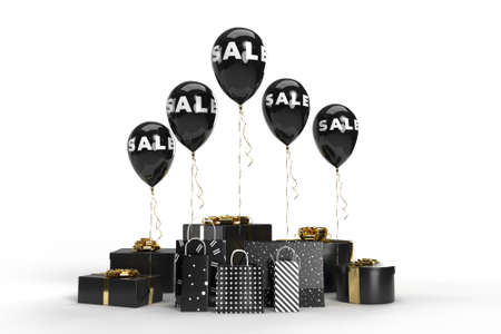 Great discount sale banner designwith balloon shopping bag and gift design elements. Template for promotion, advertising, web, social and fashion ads. 3D renderingの写真素材