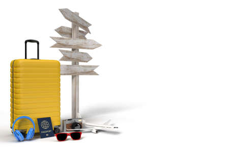 Suitcase with signpost and traveler accessories, essential vacation items on background. Adventure and travel summer holiday traveling concept design. 3D renderingの写真素材