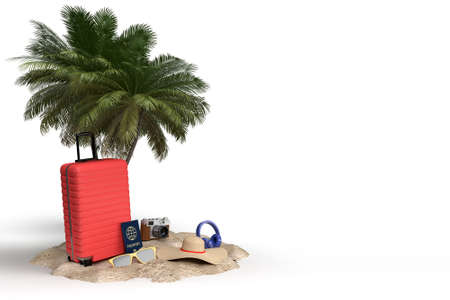 Suitcase with traveler accessories, essential vacation items. Adventure and travel holiday trip. Traveling concept design banner mockup template. 3D renderingの写真素材