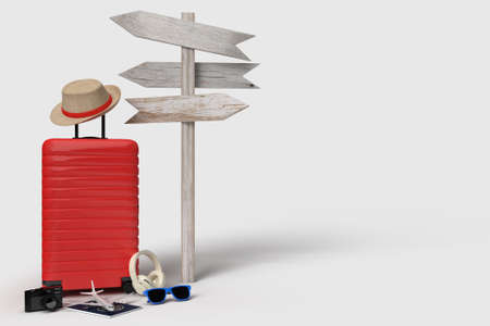 Suitcase with signpost and traveler accessories, essential vacation items on background. Adventure and travel summer holiday traveling concept design. 3D renderingの写真素材