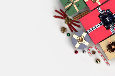 Realistic gifts boxes. Merry Christmas and Happy New Year, flyer and brochure, mock up holiday...
