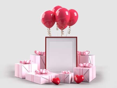 Happy Valentines Day. Celebration party with gift box decorations and picture frame mockup template. 3d Renderingの写真素材