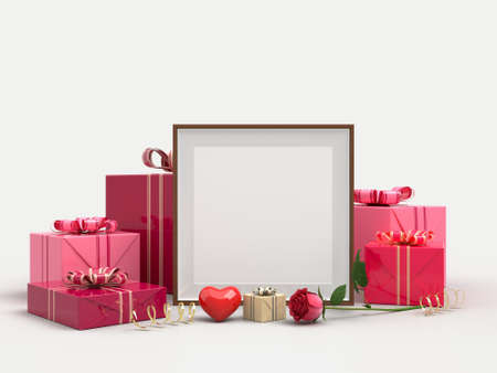 Happy Valentines Day. Celebration party with gift box decorations and picture frame mockup template. 3d Renderingの写真素材