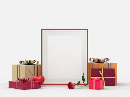 Happy Valentines Day. Celebration party with gift box decorations and picture frame mockup template. 3d Renderingの写真素材