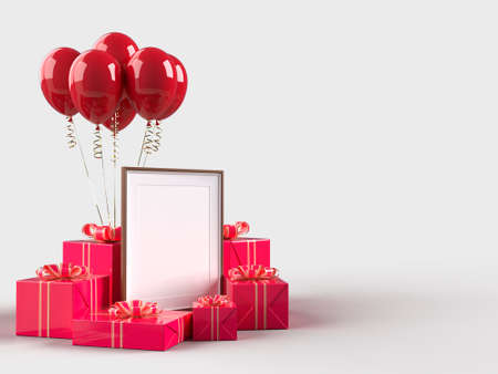 Happy Valentines Day. Celebration party with gift box decorations and picture frame mockup template. 3d Renderingの写真素材