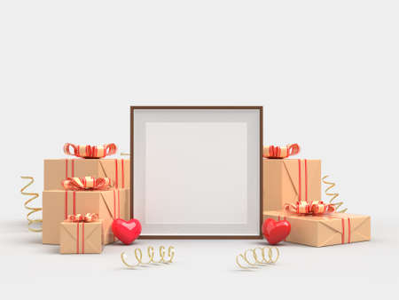 Happy Valentines Day. Celebration party with gift box decorations and picture frame mockup template. 3d Renderingの写真素材