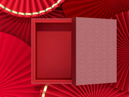 Paper fan medallion chinese new year decoration With Box Mockup. Concept of Happy Chinese New Year festival background. 3D renderingの写真素材