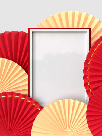 Paper fan medallion chinese new year decoration With Box Mockup. Concept of Happy Chinese New Year festival background. 3D renderingの写真素材