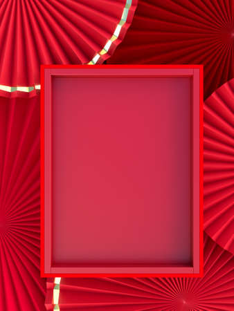 Paper fan medallion chinese new year decoration With Box Mockup. Concept of Happy Chinese New Year festival background. 3D renderingの写真素材