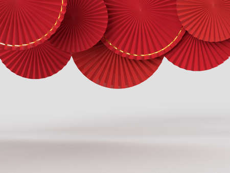 Paper fan medallion chinese new year decoration. Concept of Happy Chinese New Year festival background. 3D renderingの写真素材