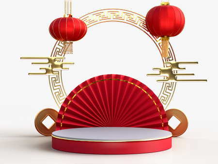 Happy Chinese New Year. Realistic design elements, display podium, lanterns hanging with chinese decoration. Oriental Asian style mock up designs. 3D Renderingの写真素材