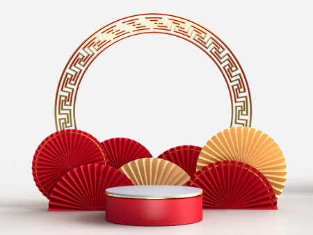 Happy Chinese New Year. Realistic design elements, display podium, paper fan medallion with chinese decoration. Oriental Asian style mock up designs. 3D Renderingの写真素材
