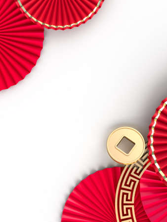 Happy Chinese New Year. Realistic design paper fan medallion with chinese decoration. Oriental Asian style mock up designs. 3D Renderingの写真素材