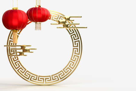 Happy Chinese New Year. Realistic design elements, lanterns hanging with chinese decoration. Oriental Asian style mock up designs. 3D Renderingの写真素材