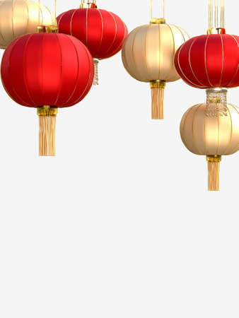 Happy Chinese New Year. Realistic design elements, lanterns hanging . Oriental Asian style mock up designs. 3D Renderingの写真素材