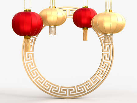 Happy Chinese New Year. Realistic design elements, lanterns hanging with chinese decoration. Oriental Asian style mock up designs. 3D Renderingの写真素材