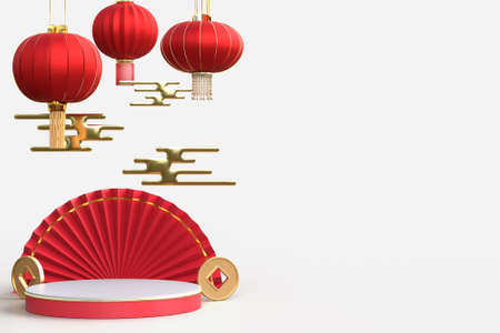 Happy Chinese New Year. Realistic design elements, display podium, paper fan medallion with chinese decoration. Oriental Asian style mock up designs. 3D Renderingの写真素材