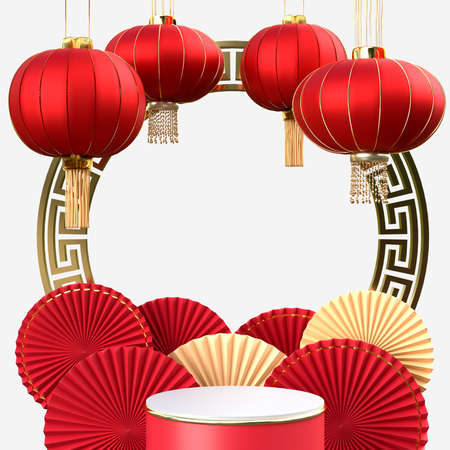 Happy Chinese New Year. Realistic design elements, display podium, paper fan medallion with chinese decoration. Oriental Asian style mock up designs. 3D Renderingの写真素材