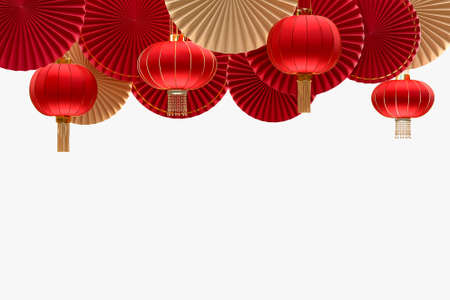 Happy Chinese New Year. Realistic design paper fan medallion with chinese decoration. Oriental Asian style mock up designs. 3D Renderingの写真素材