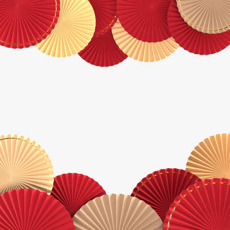 Happy Chinese New Year. Realistic design paper fan medallion. Oriental Asian style mock up designs. 3D Renderingの写真素材