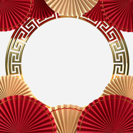 Happy Chinese New Year. Realistic design paper fan medallion with chinese decoration. Oriental Asian style mock up designs. 3D Renderingの写真素材