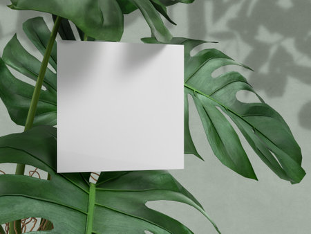 Card mockup template with with natural leaves and shoadow. Mock-up design for presentation branding, corporate identity. 3d Renderingの写真素材