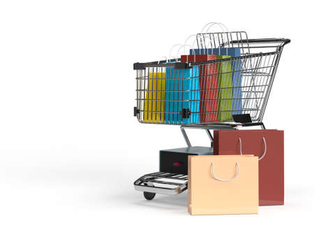 Shopping cart with shopping elements. Designs concept marketing shopping online. 3D renderingの写真素材
